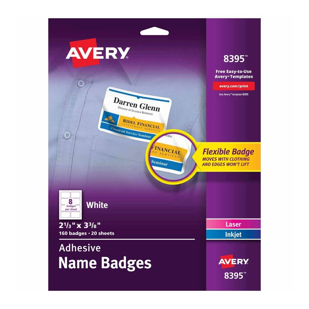 Avery&reg; Adhesive Name Badges - 2 21/64" Width x 3 3/8" Length - Removable Adhesive - Rectangle - Inkjet, Laser - Matte - White - Film - 8 / Sheet - 20 Total Sheets - 160 Total Label(s) - 160 / Pack. Picture 2