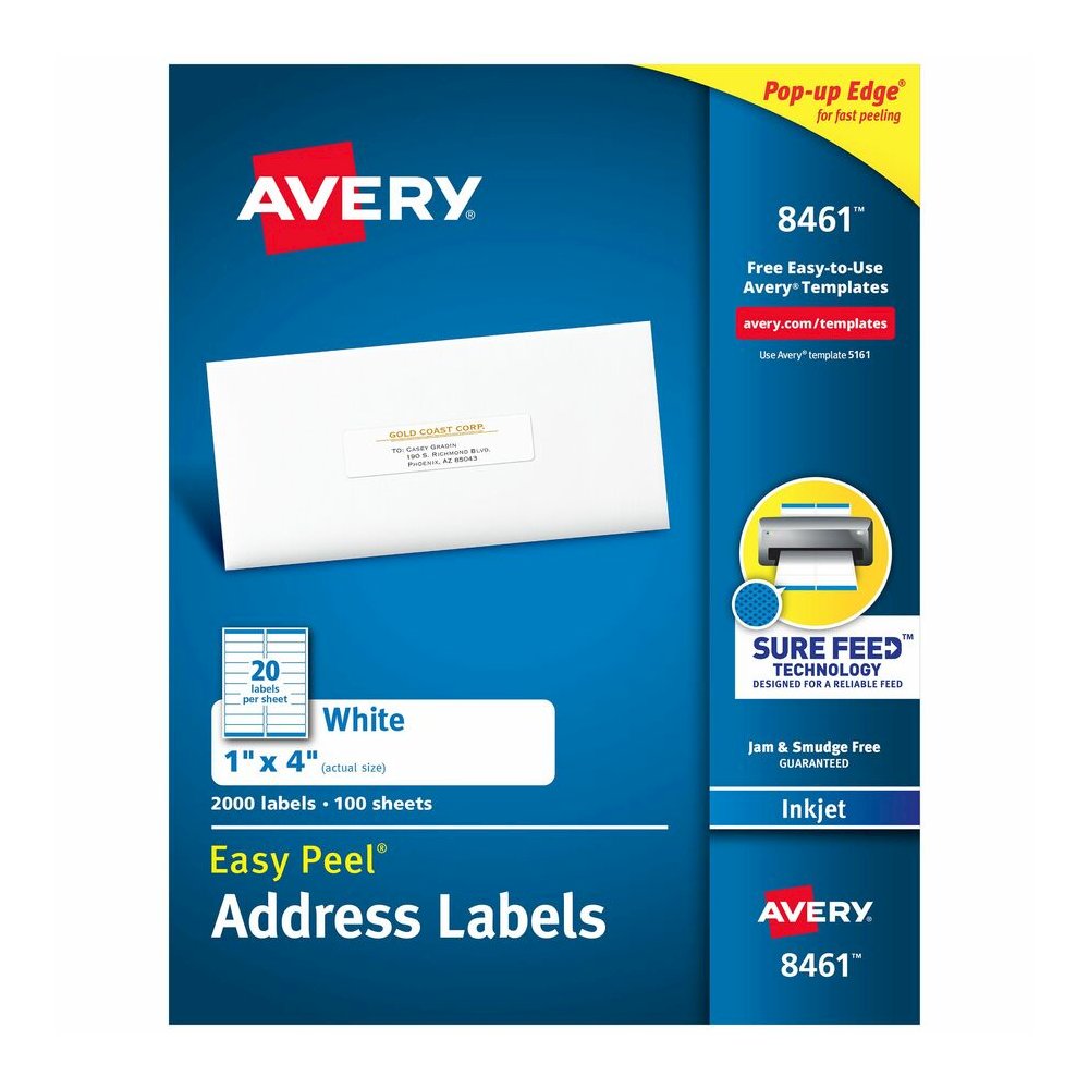 Avery&reg; Easy Peel Address Labels, 1" x 4" , 2,000 White Labels (8461) - x 1" Width x 4" Length - Permanent Adhesive - Rectangle - Inkjet - Matte - White - Paper - 20 / Sheet - 100 Total Sheets - 20. Picture 5