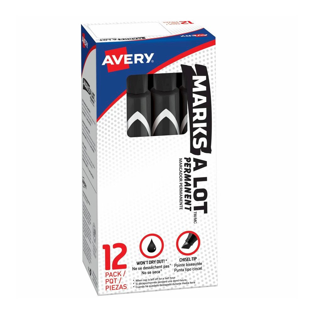 Avery&reg; Marks A Lot Marks A Lot Permanent Markers, Large Desk-Style, 12 Black (08888) - Black Ink - Black Barrel - Metal, Classroom, Plastic, Warehouse, Office - 12 Dozen. Picture 2