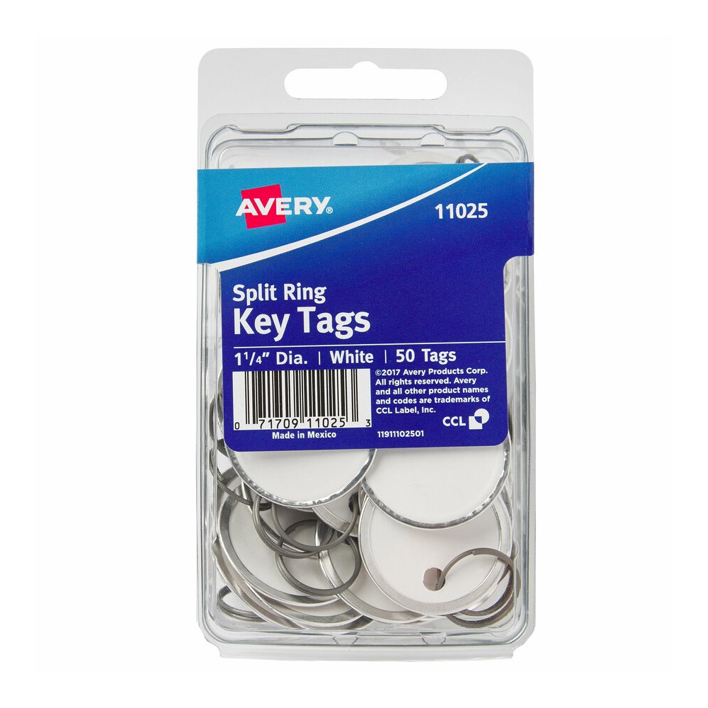 Avery&reg; 1-1/4" Metal Rim Key Tags, Split Ring, White, 50 Tags (11025) - Round - Metal, Card Stock - White - 50 / Pack. Picture 2