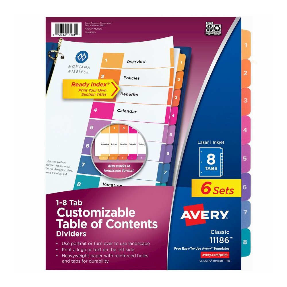 Avery Ready Index 8 Tab Dividers, Customizable TOC, 6 Sets (11186) - 48 x Divider(s) - 48 Tab(s) - Digit - 1-8 - 8 Tab(s)/Set - 8.5" Divider Width x 11" Divider Length - 3 Hole Punched - White Paper D. Picture 2
