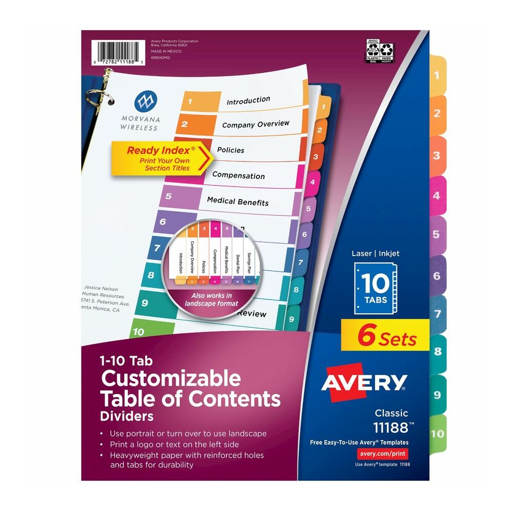 Avery Ready Index 10 Tab Dividers, Customizable TOC, 6 Sets (11188) - 60 x Divider(s) - 60 Printed Tab(s) - Digit - 1-10 - 10 Tab(s)/Set - 8.5" Divider Width x 11" Divider Length - 3 Hole Punched - Wh. Picture 2