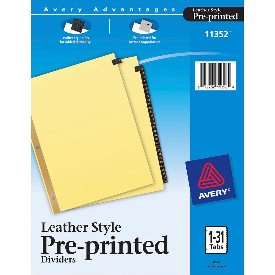 Avery&reg; Preprinted Tab Dividers - Gold Reinforced Edge - 31 x Divider(s) - Printed Tab(s) - Digit - 1-31 - 31 Tab(s)/Set - 8.5" Divider Width x 11" Divider Length - Letter - 3 Hole Punched - Buff P. Picture 2
