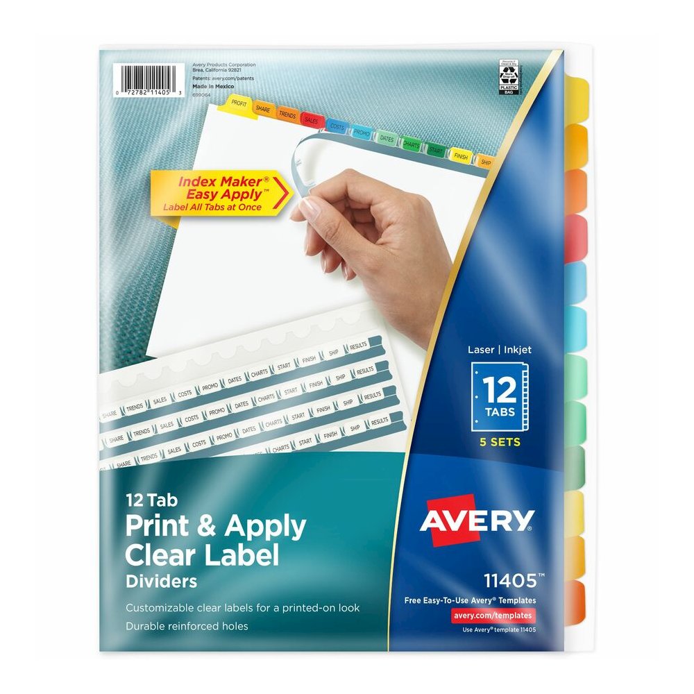 Avery&reg; Index Maker Index Divider - 60 x Divider(s) - 12 Tab(s) - 12 - 12 Tab(s)/Set - 8.5" Divider Width x 11" Divider Length - 3 Hole Punched - White Paper Divider - Multicolor Paper Tab(s) - 20%. Picture 5