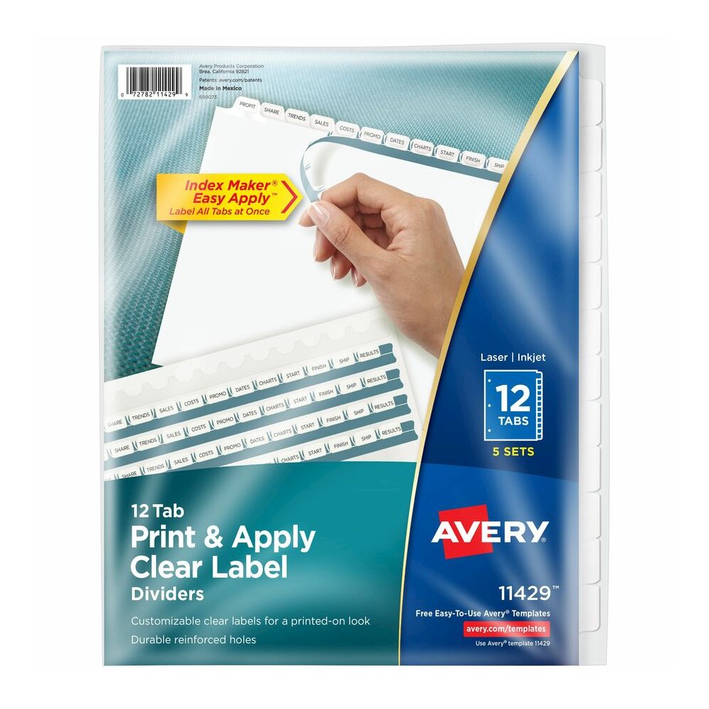 Avery 12 Tab Print & Apply Dividers, Index Maker(R), 5 Sets (11429) - 5 x Divider(s) - 60 Print-on Tab(s) - 12 Tab(s)/Set - 8.5" Divider Width x 11" Divider Length - 3 Hole Punched - White Paper Divid. Picture 3