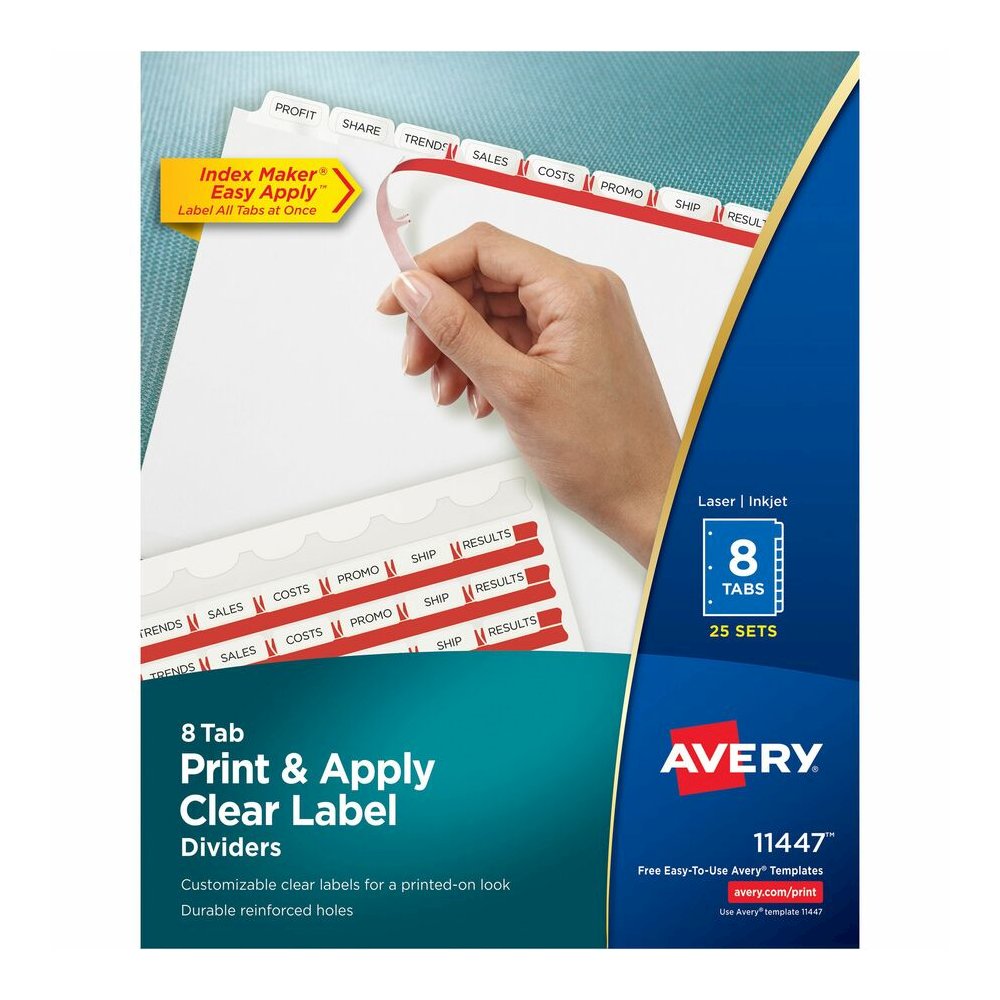 Avery&reg; Print & Apply Clear Label Dividers - Index Maker Easy Apply Label Strip - 200 x Divider(s) - 8 Blank Tab(s) - 8 Tab(s)/Set - 8.5" Divider Width x 11" Divider Length - Letter - 3 Hole Punche. Picture 3