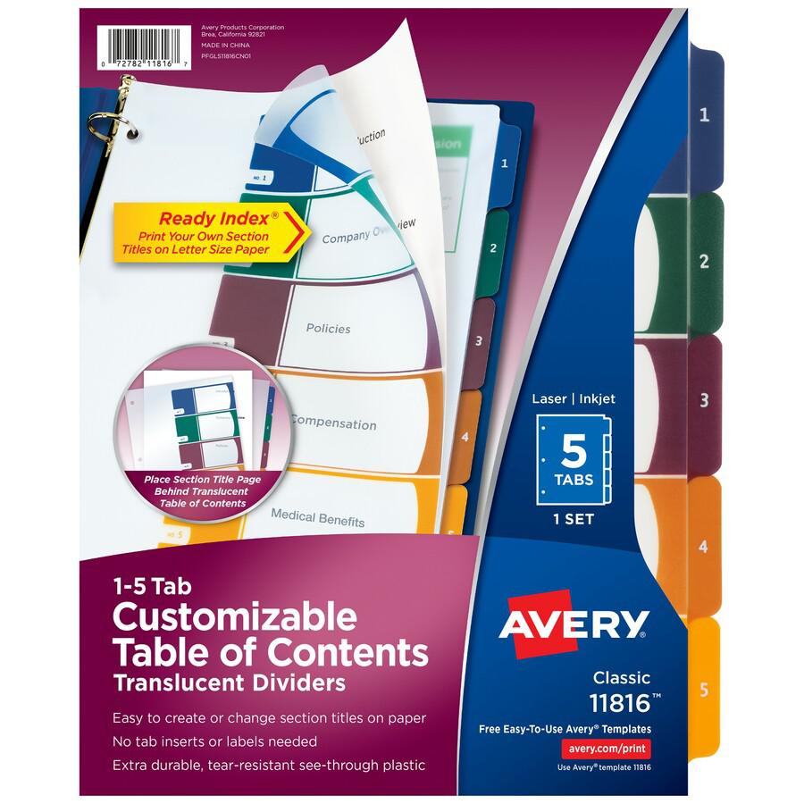 Avery&reg; Ready Index Customizable TOC Binder Dividers - 5 x Divider(s) - 1-5 - 5 Tab(s)/Set - 8.5" Divider Width x 11" Divider Length - 3 Hole Punched - Clear Plastic Divider - Multicolor Plastic Ta. Picture 4
