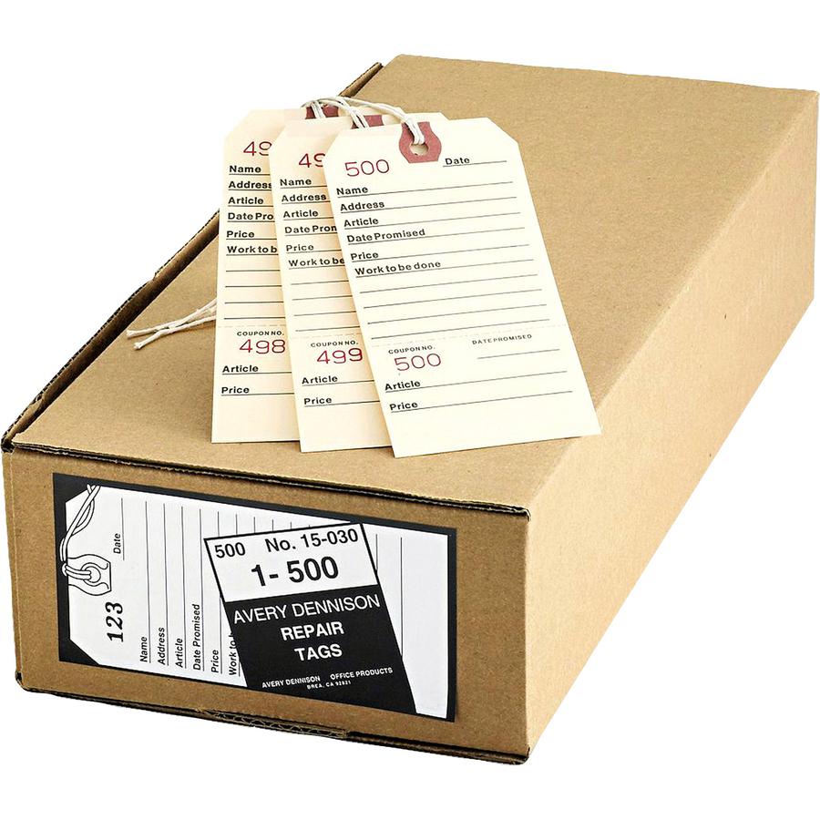 Avery&reg; Duplicate Repair Tags - 5.25" Length x 2.63" Width - Rectangular - 1 to 500 Print Serial - String Fastener - 500 / Box - Card Stock - Manila. Picture 2