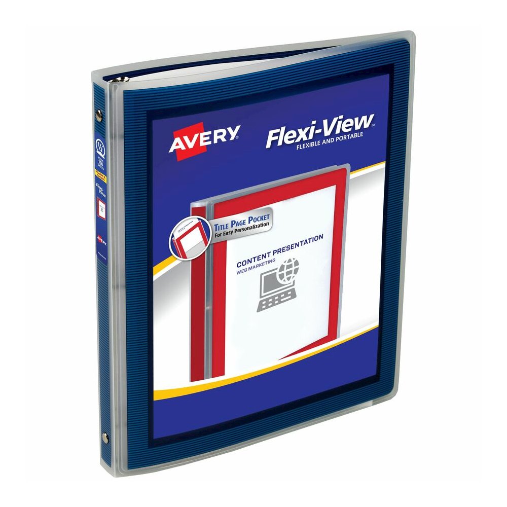 Avery&reg; Flexi-View Binder ½" , Round Rings, Blue - 1/2" Binder Capacity - Letter - 8 1/2" x 11" Sheet Size - 100 Sheet Capacity - 3 x 0.50" Ring - Fastener: Round Ring - Pocket: 0, Internal - Polyp. Picture 2