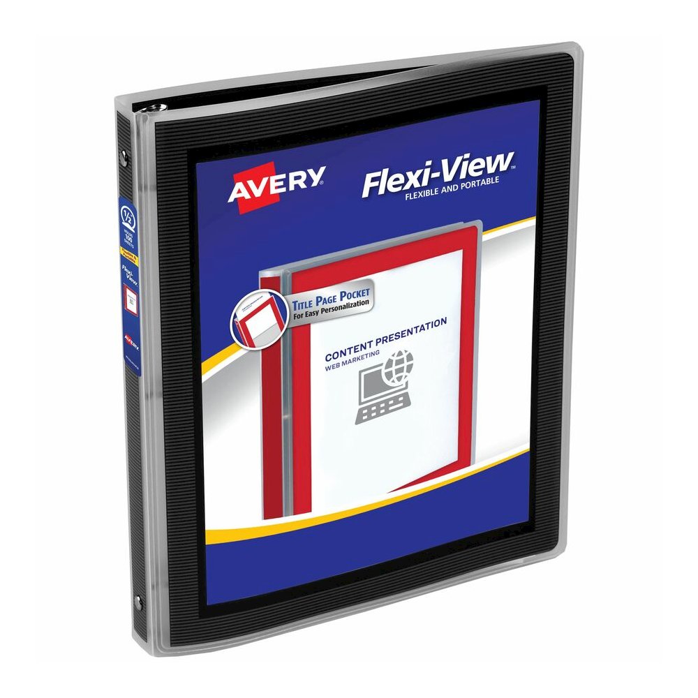 Avery&reg; Flexi-View Binder ½" , Round Rings, Black - 1/2" Binder Capacity - Letter - 8 1/2" x 11" Sheet Size - 100 Sheet Capacity - 3 x 0.50" Ring - Fastener: Round Ring - Pocket: 0, Internal - Poly. Picture 2