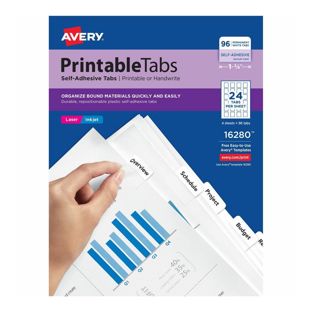 Avery&reg; Printable Repositionable Tabs - 96 Tab(s) - 1.25" Tab Width - Permanent - Paper Divider - White Paper Tab(s) - Permanent Adhesive, Printable, Repositionable, Durable, Customizable, Double-s. Picture 5