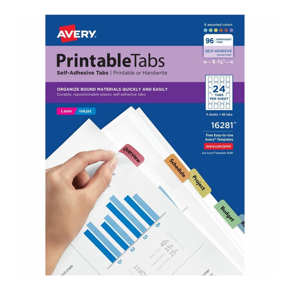 Avery&reg; Printable Repositionable Tabs - 96 Tab(s) - 1.25" Tab Width - Permanent - Paper Divider - Assorted Paper Tab(s) - 96 / Pack. Picture 2
