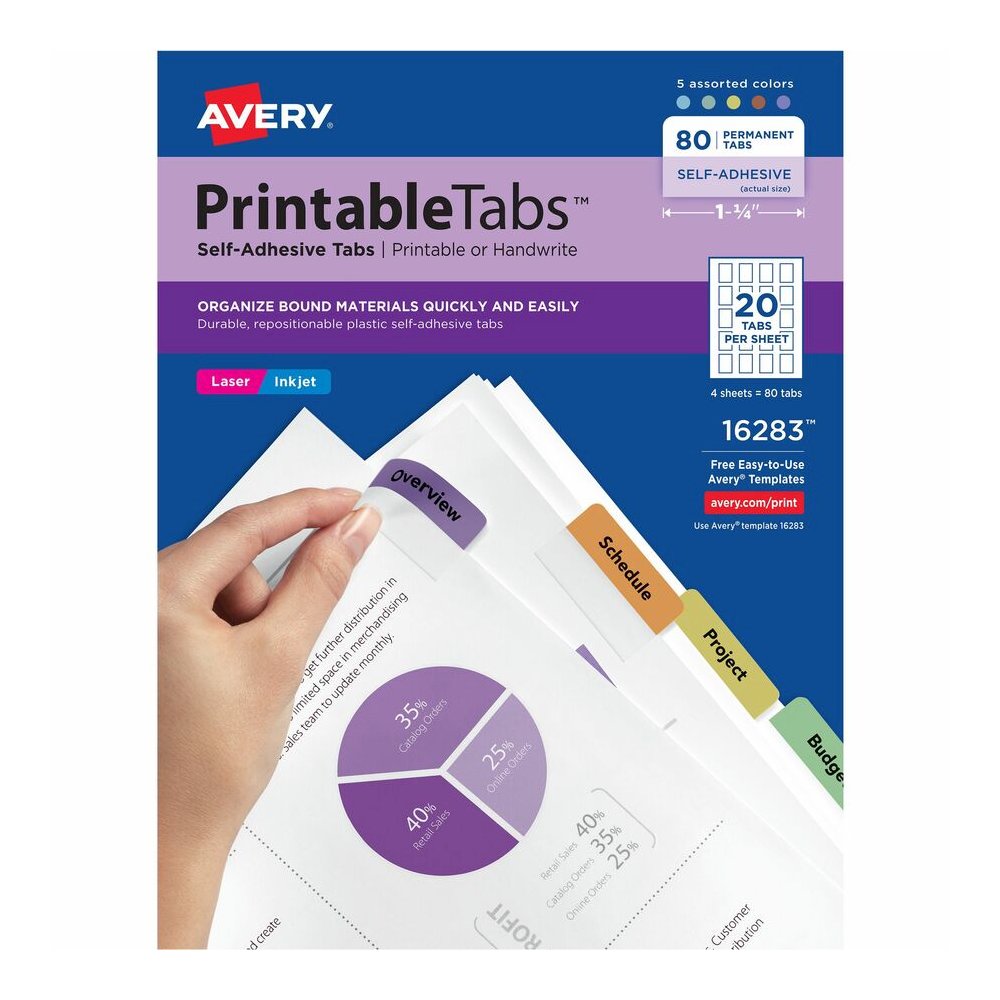 Avery&reg; Printable Repositionable Tabs - 80 Tab(s) - 1.75" Tab Width - Permanent - Paper Divider - Assorted Paper Tab(s) - 80 / Pack. Picture 2