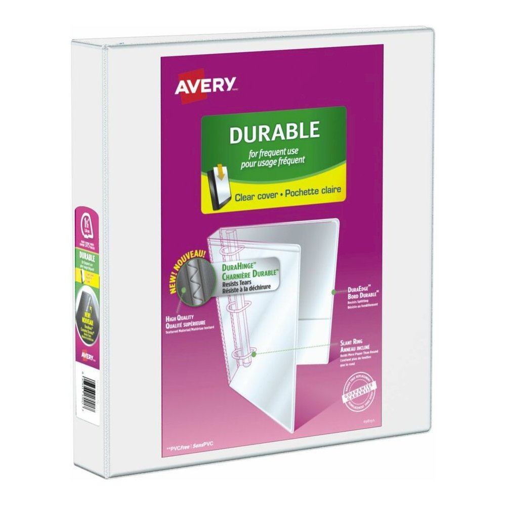 Avery&reg; Durable View Binder - Letter - 8 1/2" x 11" Sheet Size - 375 Sheet Capacity - 1.50" Ring - Fastener: Slant D-Ring - Pocket: 2 - Linen Pattern - White - Durable, Label Holder, Pocket, Custom. Picture 2