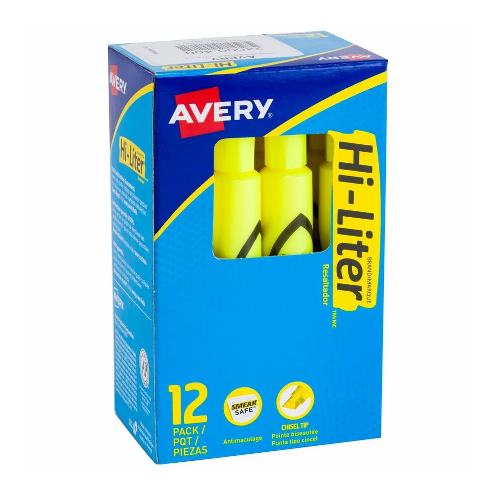 Avery&reg; Hi-Liter, Desk-Style, Fluorescent Yellow, 12 Count (24000) - Washable - Fluorescent Yellow Ink - Water Based - Yellow Barrel - Classroom, School, Office, Home, Planner - 12 Dozen. Picture 2