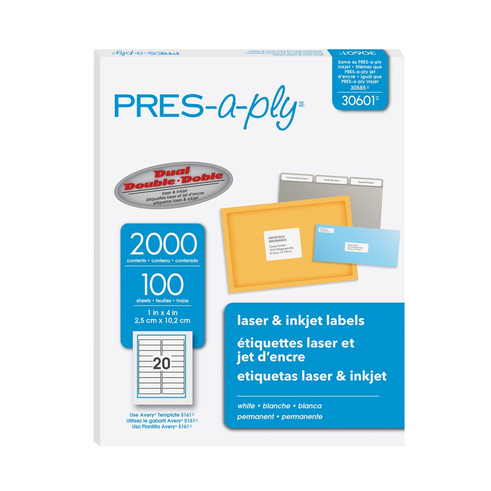 PRES-a-ply White Labels - 1" Width x 4" Length - Permanent Adhesive - Rectangle - Laser, Inkjet - White - Paper - 20 / Sheet - 100 Total Sheets - 2000 Total Label(s) - 2000 / Box. Picture 6
