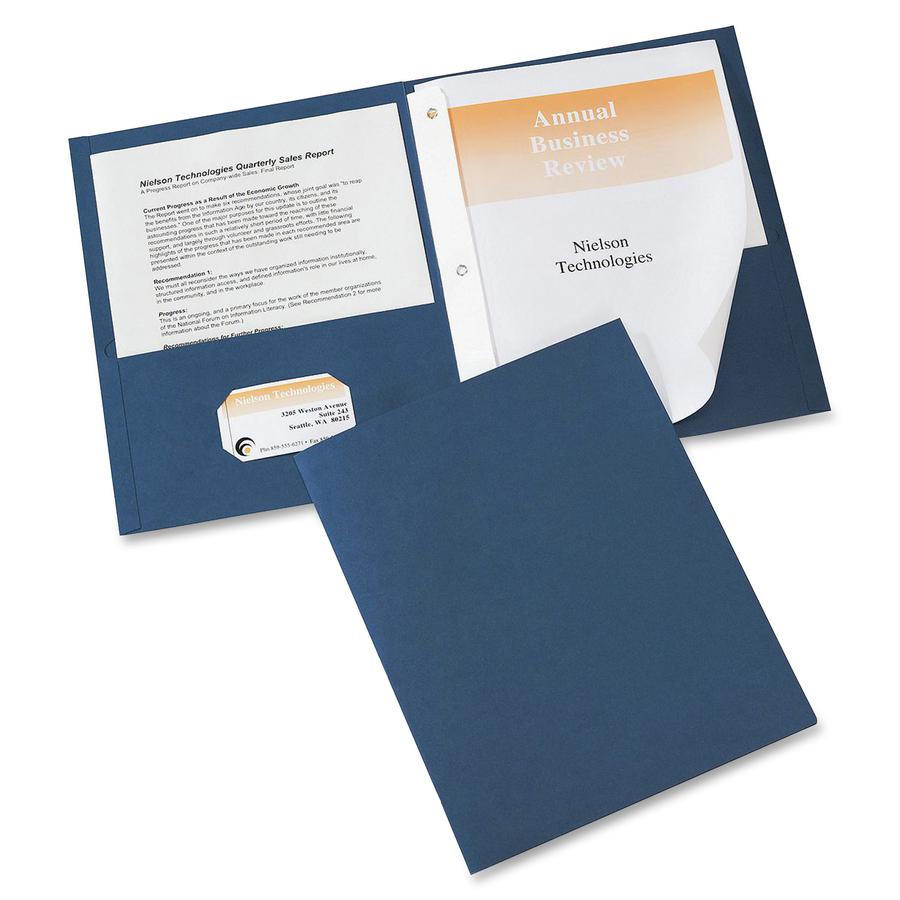 Avery&reg; Letter Report Cover - 8 1/2" x 11" - 70 Sheet Capacity - 3 x Prong Fastener(s) - 1/2" Fastener Capacity for Folder - 2 Internal Pocket(s) - Embossed Paper - Dark Blue - 25 / Box. Picture 3