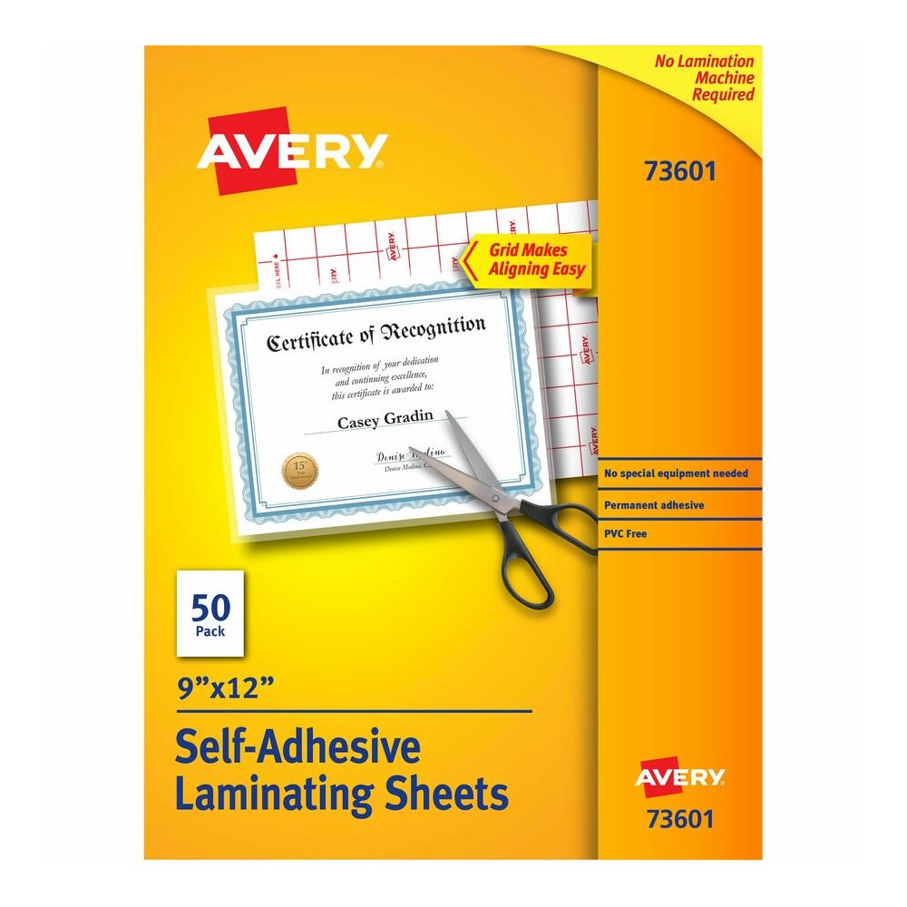 Avery&reg; Self-Adhesive Lamination - Laminating Pouch/Sheet Size: 9" Width x 12" Length - for Certificate - Self-adhesive, Photo-safe, Self-adhesive - Clear - 50 / Box. Picture 2