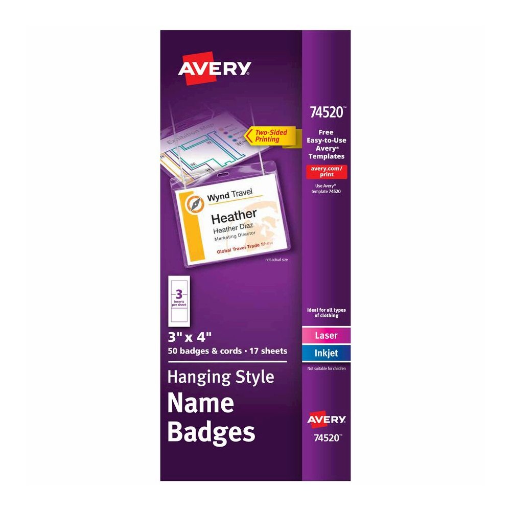 Avery&reg; Name Badges with Cords, 3" x 4" , 50 Total (74520) - 8 1/2" x 11" - Durable, Micro Perforated, Printable, PVC-free, Double-sided, Smudge-free - White - 50 / Box. Picture 2