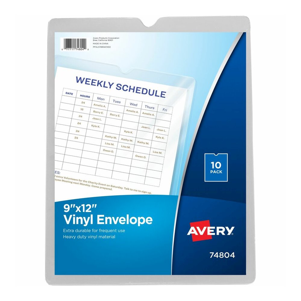 Avery&reg; Vinyl File Pocket - 9" x 12" - 60 Sheets Capacity - 1 Pocket - Vinyl - Clear - Heavyweight, Heavy Duty, Wear Resistant, Tear Resistant, Sturdy, Foldable - 10 / Pack. Picture 5