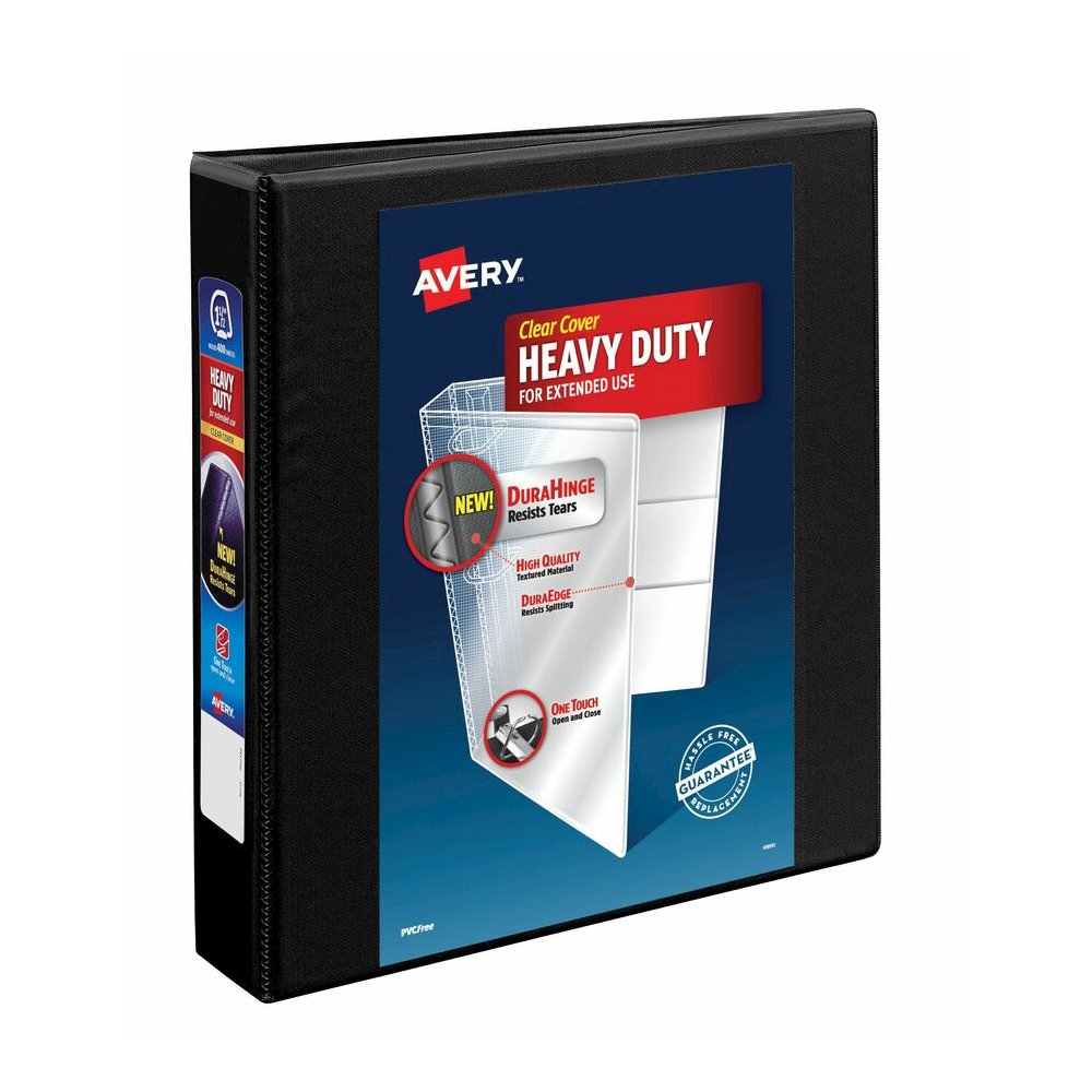 Avery 1-1/2" Heavy Duty View Binder, One Touch EZD Ring, Blk, 400 Sheets - Avery&reg; Heavy-Duty View 3 Ring Binder, 1.5" One Touch EZD(R) Ring, Holds 8.5" x 11" Paper, Black (79695). Picture 2