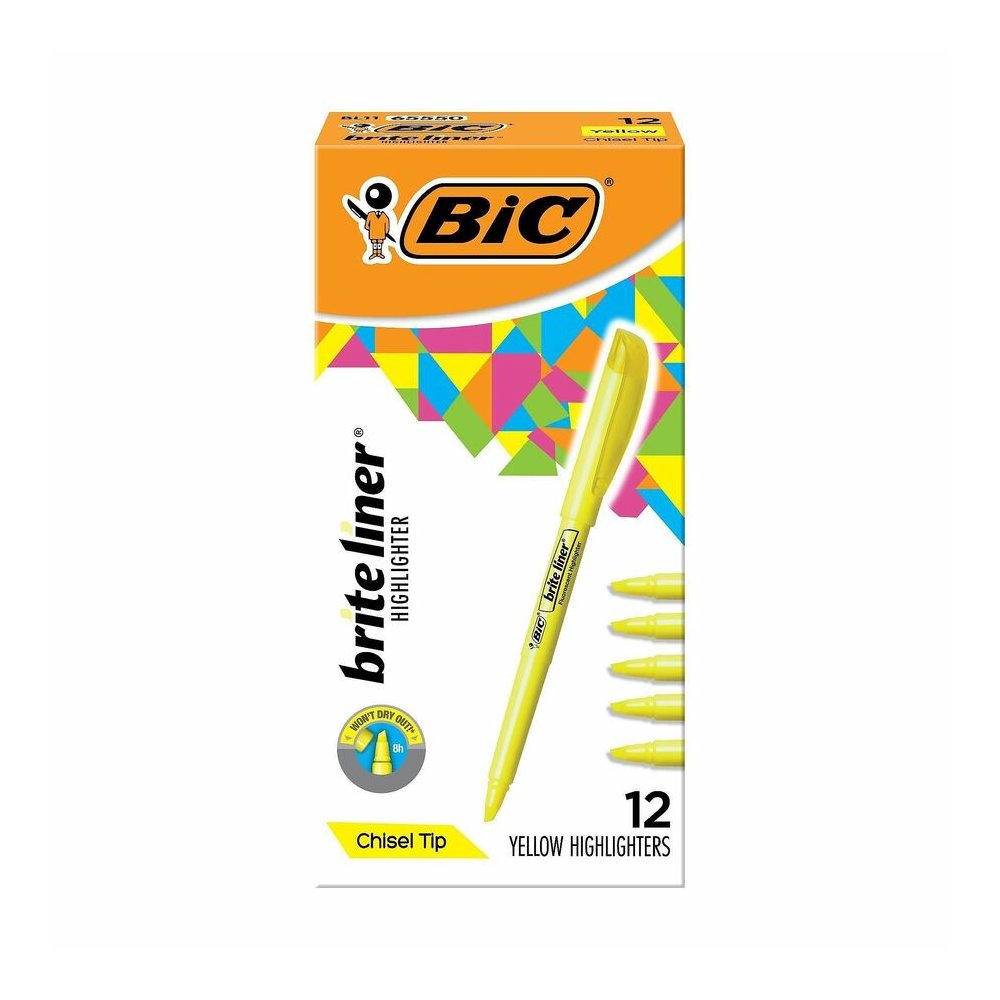 BIC Brite Liner Highlighters - Fluorescent Yellow Ink - Water Based - 1 Dozen. Picture 2