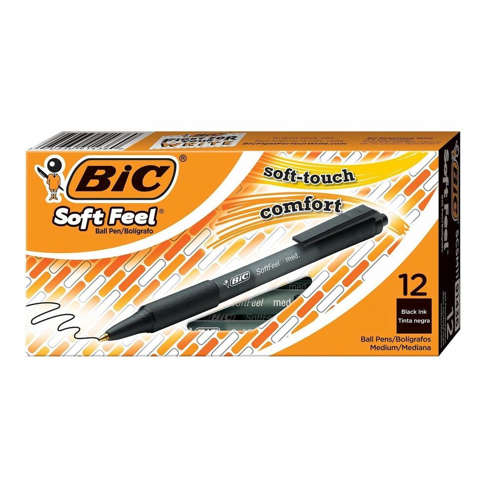 BIC SoftFeel Retractable Ball Pens - Retractable - Black Ink - Black Rubber Barrel - 1 Dozen. Picture 4