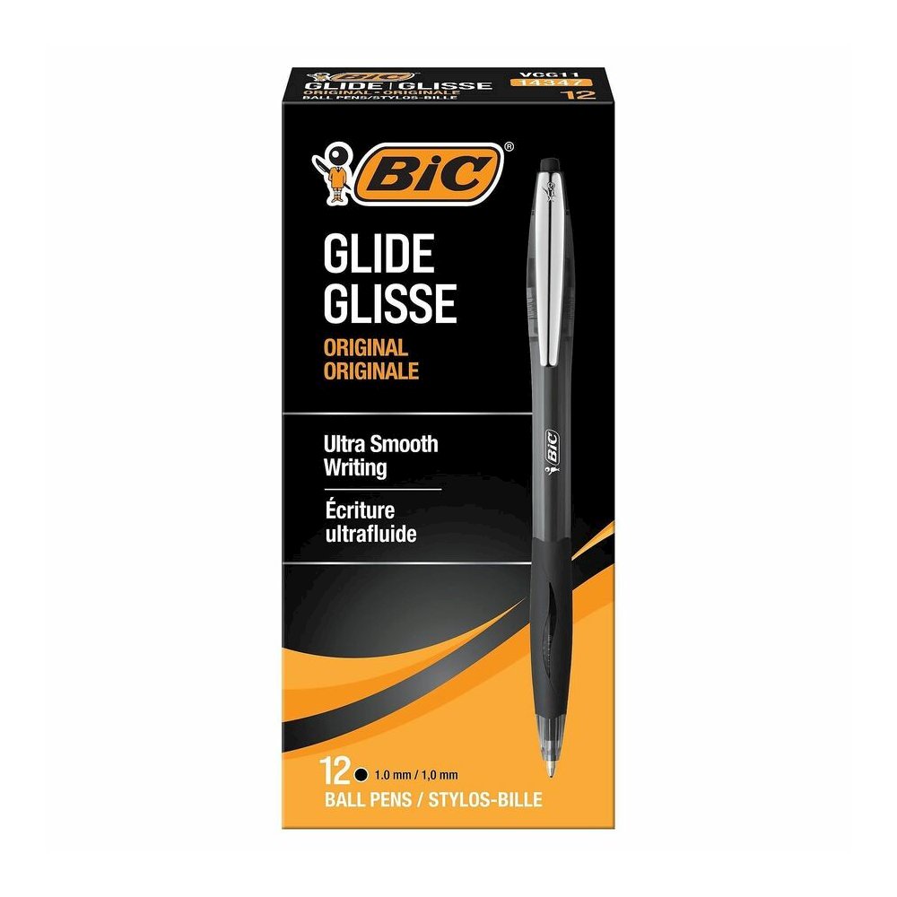 BIC Glide Retractable Pens - Medium Pen Point - 1 mm Pen Point Size - Conical Pen Point Style - Retractable - Black - Clear Barrel - 1 Dozen. Picture 5