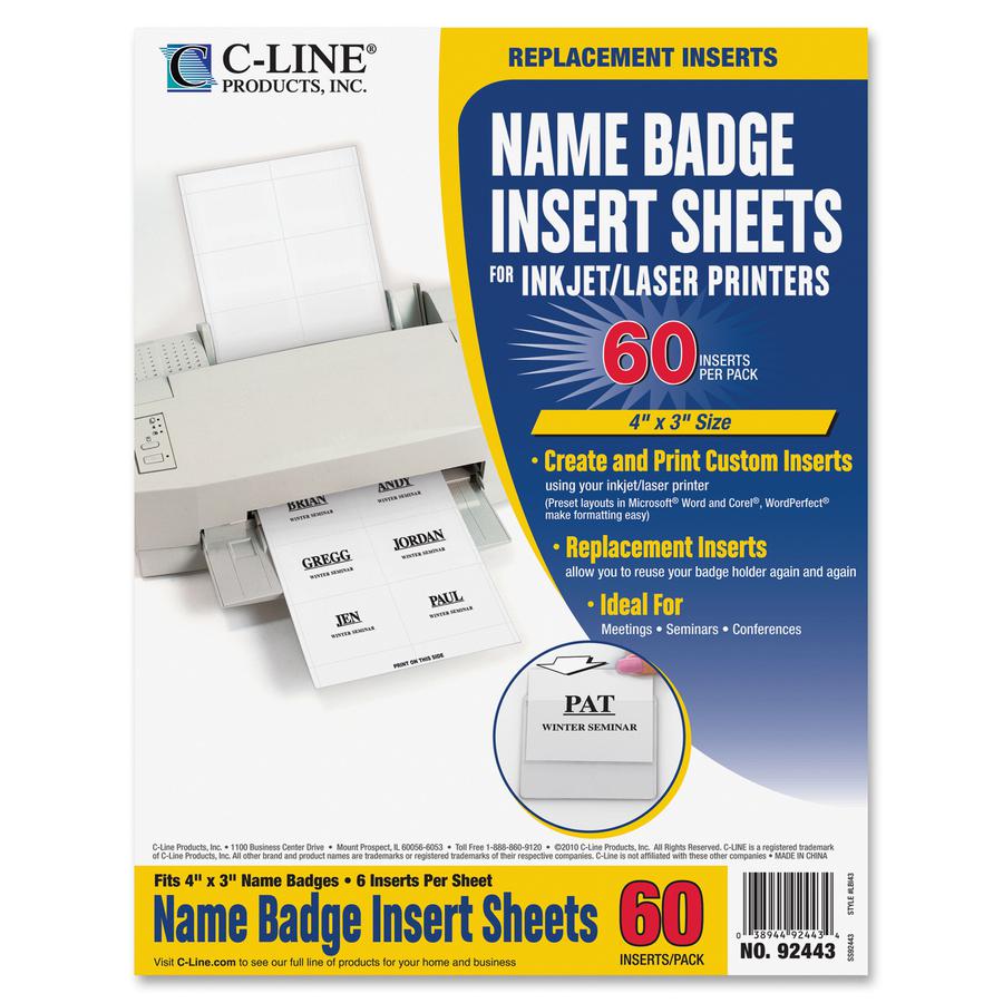 C-Line Replacement Name Badge Insert Sheets for Laser/Inkjet Printers - White, 6/Sheet, 4 x 3, 60/PK, 92443. Picture 2