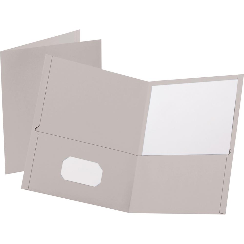 Oxford Letter Yes Pocket Folder - 8 1/2" x 11" - 100 Sheets Capacity - 2 Internal Pocket - Leatherette - Gray - Turned Edge - 10% Recycled - 25 / Box. Picture 2