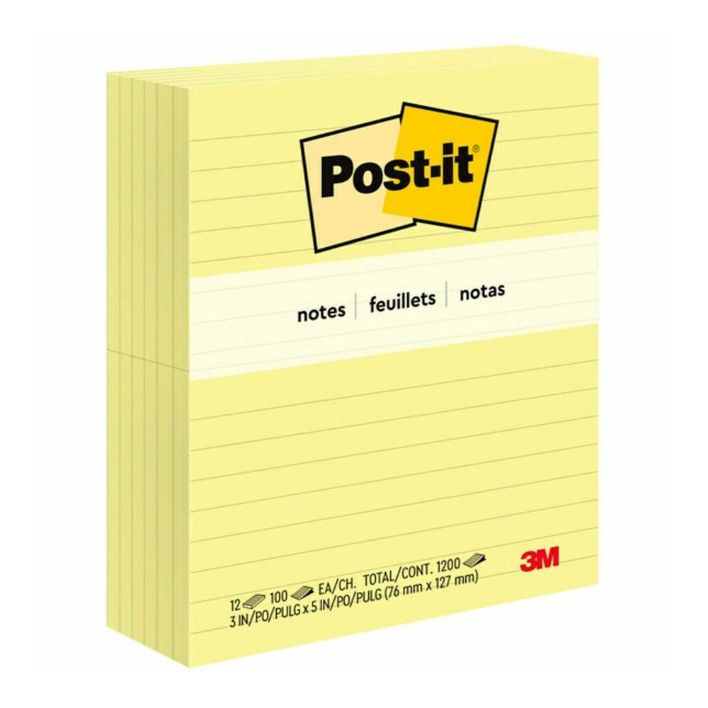 Post-it&reg; Original Lined Notes, Canary Yellow, 3" x 5" , 100 Sheets/Pad, 12 Pads/PK - 1200 x Canary Yellow - 3" Flag/Note Width x 5" Flag/Note Length - Rectangle - 100 Sheets per Pad - Ruled - Cana. Picture 8