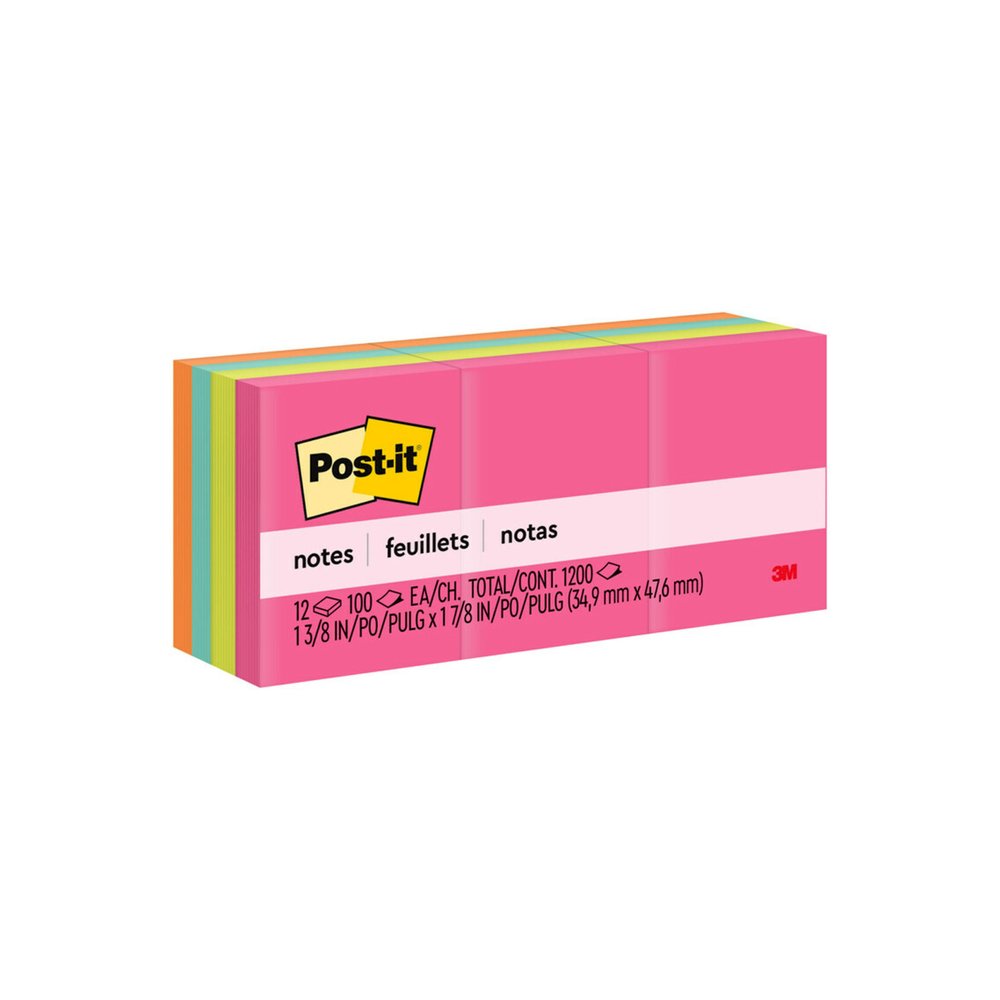 Post-it&reg; Notes Original Notepads - Poptimistic Color Collection - 1200 - 1 1/2" Flag/Note Width x 2" Flag/Note Length - Rectangle - 100 Sheets per Pad - Unruled - Power Pink, Acid Lime, Aqua Splas. Picture 4