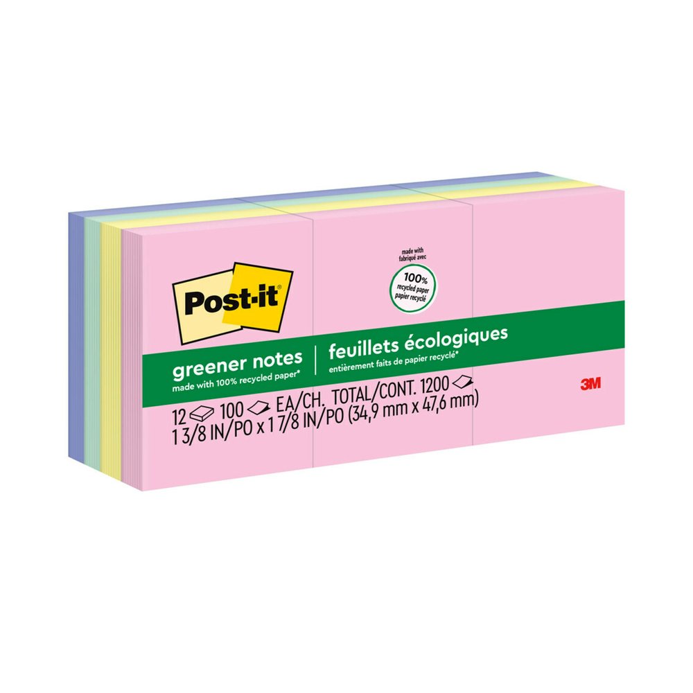Post-it&reg; Greener Notes- Sweet Sprinkles Color Collection, 1 3/8 x 1 7/8 in - 1200 - 1 3/8" Flag/Note Width x 1 7/8" Flag/Note Length - Rectangle - 100 Sheets per Pad - Unruled - Positively Pink, C. Picture 3