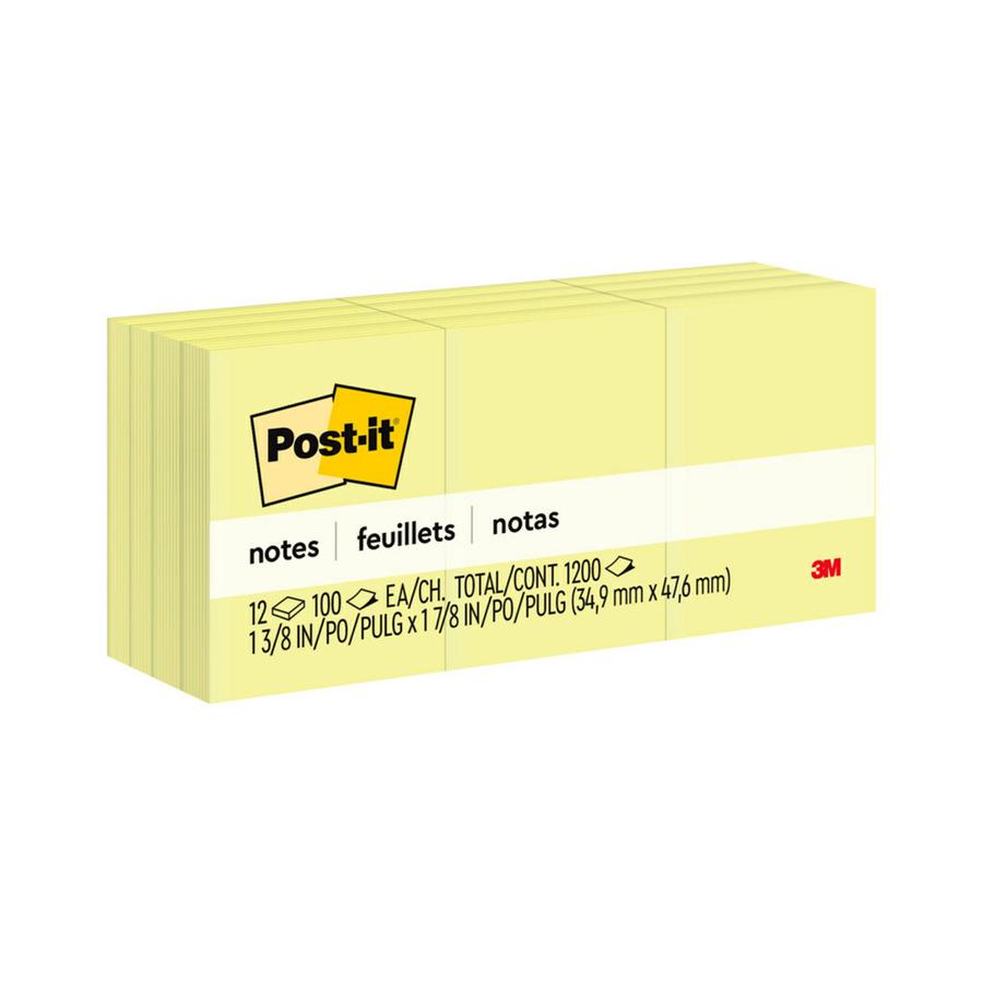 Post-it&reg; Notes Original Notepads - 1 3/8" Flag/Note Width x 1 7/8" Flag/Note Length - Rectangle - 100 Sheets per Pad - Unruled - Canary Yellow - Paper - Self-adhesive, Repositionable - 1 Pack. Picture 3
