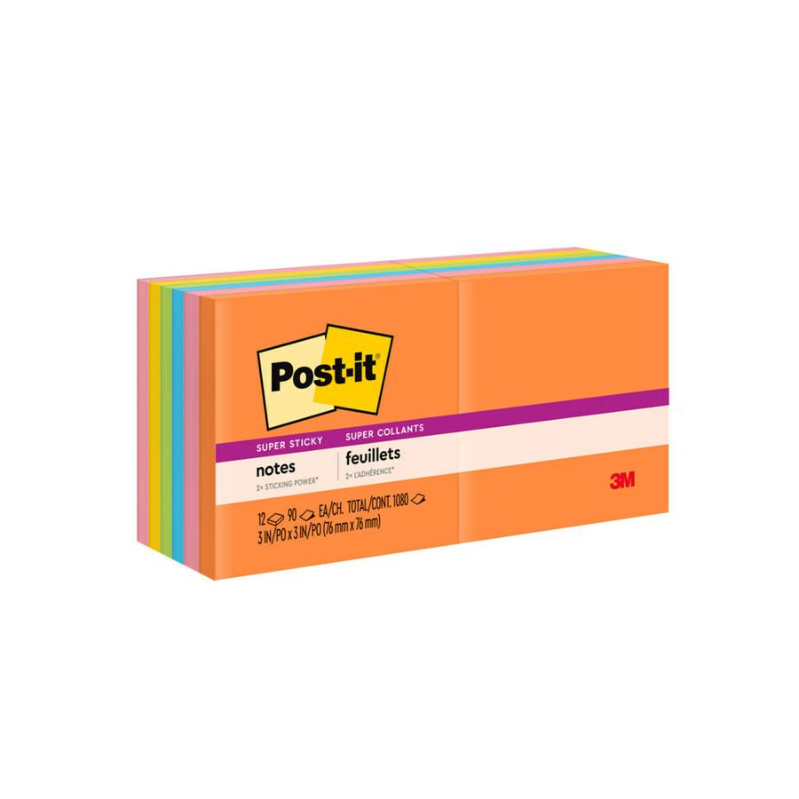 Post-it&reg; Super Sticky Notes - Energy Boost Color Collection - 1080 - 3" x 3" - Square - 90 Sheets per Pad - Unruled - Vital Orange, Tropical Pink, Sunnyside, Blue Paradise, Limeade - Paper - Self-. Picture 4