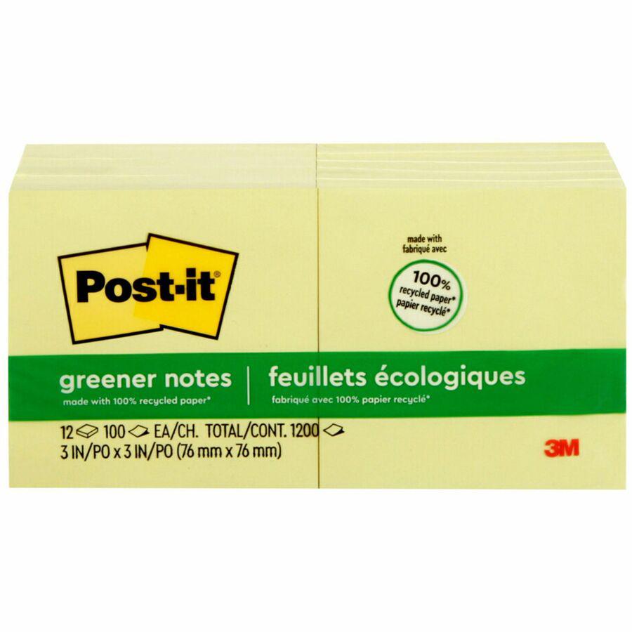 Post-it&reg; Greener Notes - 1200 - 3" Flag/Note Width x 3" Flag/Note Length - Square - 100 Sheets per Pad - Unruled - Canary Yellow - Paper - Self-adhesive, Repositionable - Recycled - 1 Pack. Picture 6