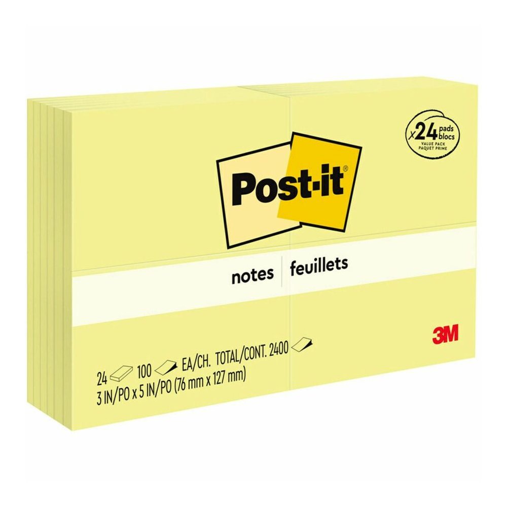 Post-it&reg; Notes Value Pack - 100 - 3" Flag/Note Width x 5" Flag/Note Length - Rectangle - Unruled - Canary - Self-adhesive - 24 / Pack. Picture 4
