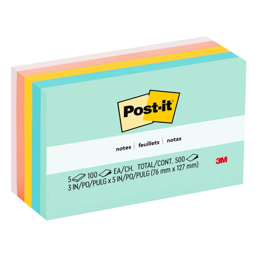 Post-it&reg; Notes - Beachside Caf&eacute; Color Collection - 500 - 3" x 5" - Rectangle - 100 Sheets per Pad - Unruled - Fresh Mint, Aqua Splash, Pink, Papaya Fizz, Pink Salt - Paper - Self-adhesive, . Picture 4