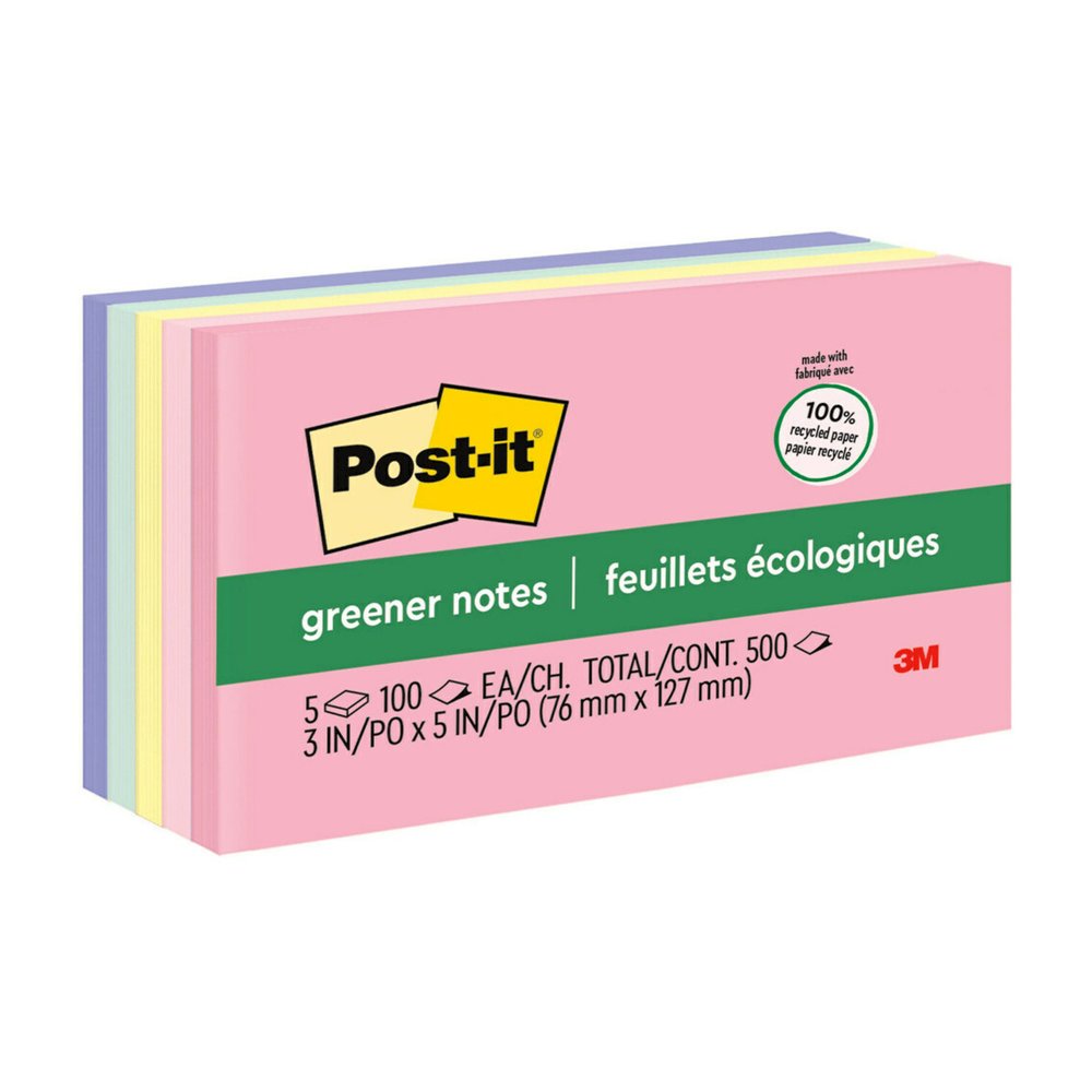 Post-it&reg; Greener Notes - Sweet Sprinkles Color Collection - 500 - 3" Flag/Note Width x 5" Flag/Note Length - Rectangle - 100 Sheets per Pad - Unruled - Positively Pink, Pink Salt, Canary Yellow, F. Picture 3