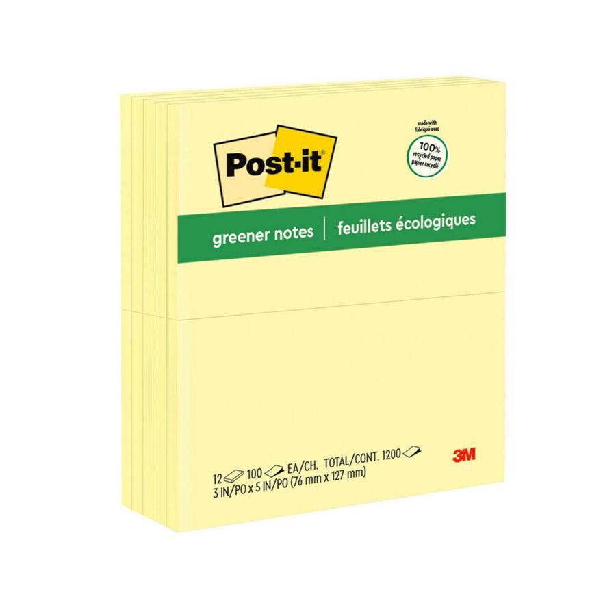 Post-it&reg; Greener Notes - 1200 - 3" Flag/Note Width x 5" Flag/Note Length - Rectangle - 100 Sheets per Pad - Unruled - Canary Yellow - Paper - Self-adhesive, Repositionable - Recycled - 1 Pack. Picture 4