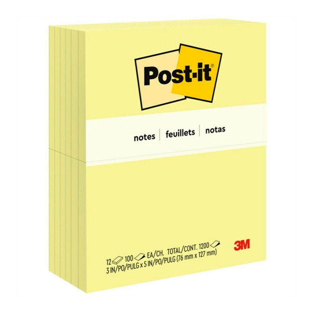 Post-it&reg; Notes Original Notepads - 3" Flag/Note Width x 5" Flag/Note Length - Rectangle - 100 Sheets per Pad - Unruled - Canary Yellow - Paper - Self-adhesive, Repositionable - No - 12 / Pack. Picture 6