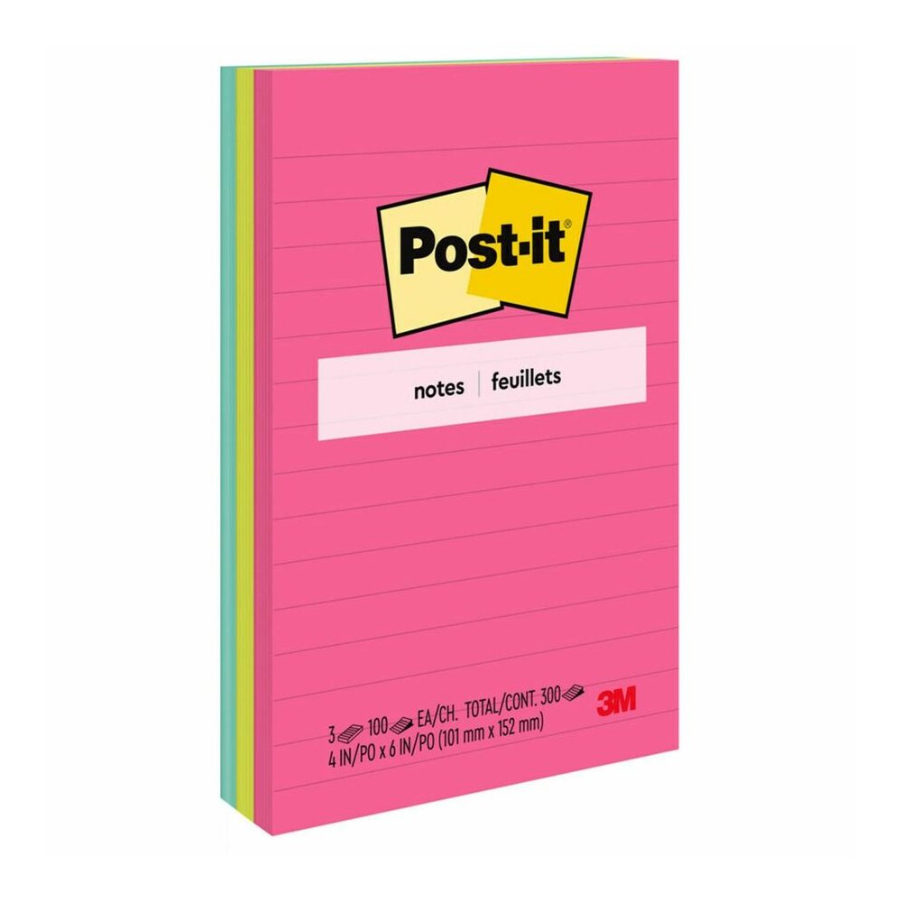 Post-it&reg; Lined Notes - Poptimistic Color Collection - 300 - 4" Flag/Note Width x 6" Flag/Note Length - Rectangle - 100 Sheets per Pad - Ruled - Power Pink, Neon Green, Aqua - Paper - Self-adhesive. Picture 4