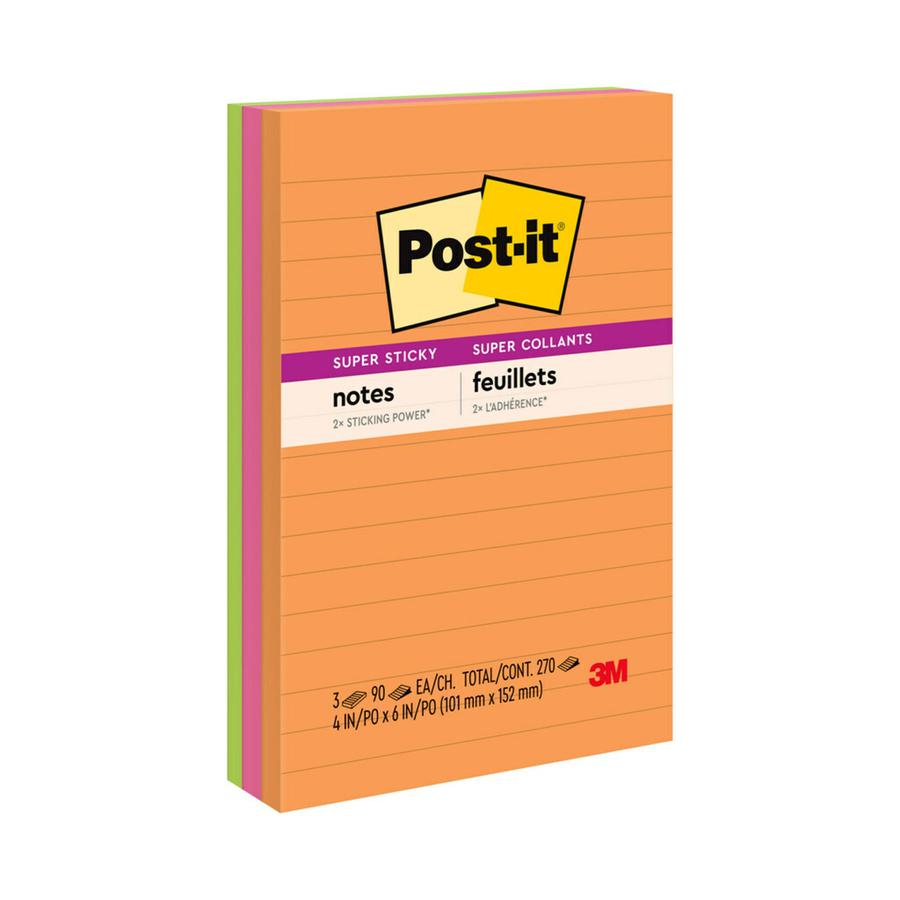 Post-it&reg; Super Sticky Notes - Energy Boost Color Collection - 270 x Assorted - 4" x 6" - Rectangle - 90 Sheets per Pad - Ruled - Orange, Pink, Green - Paper - Self-adhesive, Recyclable - 3 / Pack. Picture 5