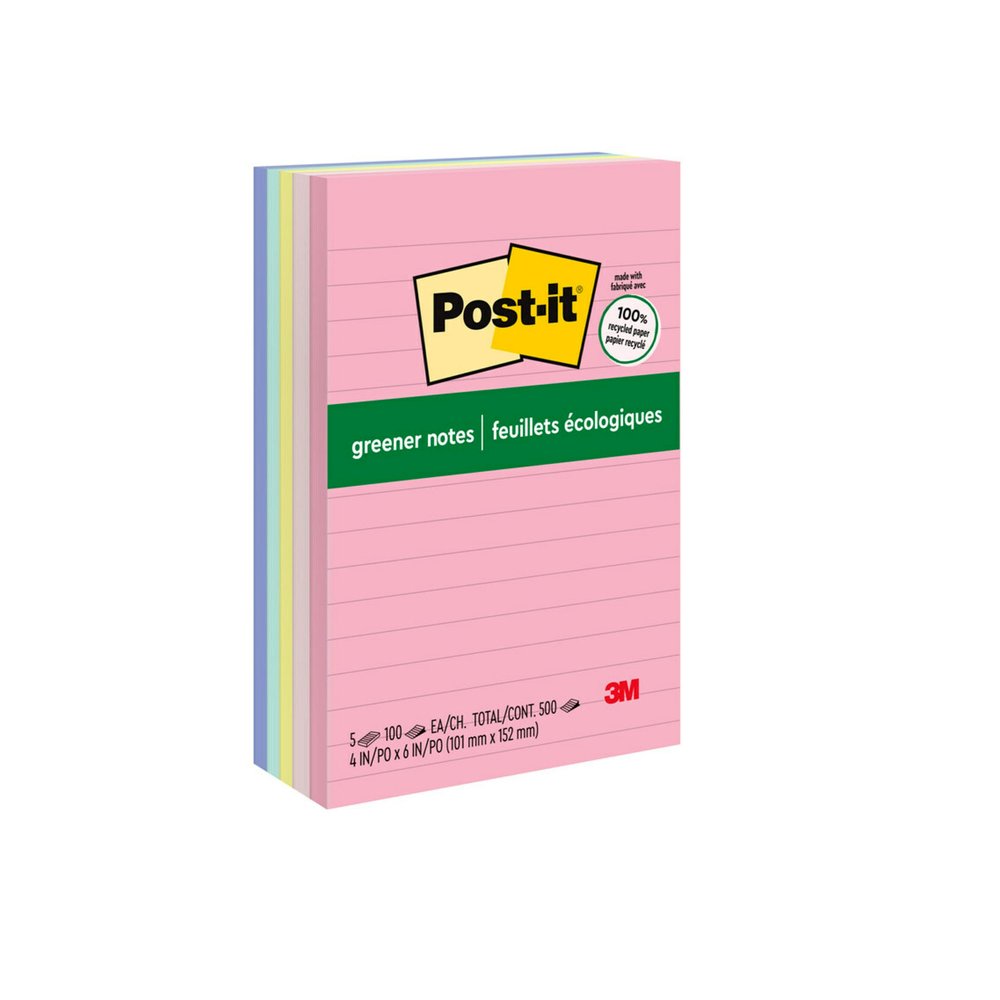 Post-it&reg; Greener Lined Notes - Sweet Sprinkles Color Collection - 500 x Assorted - 4" Flag/Note Width x 6" Flag/Note Length - Rectangle - 100 Sheets per Pad - Ruled - Positively Pink, Canary Yello. Picture 3