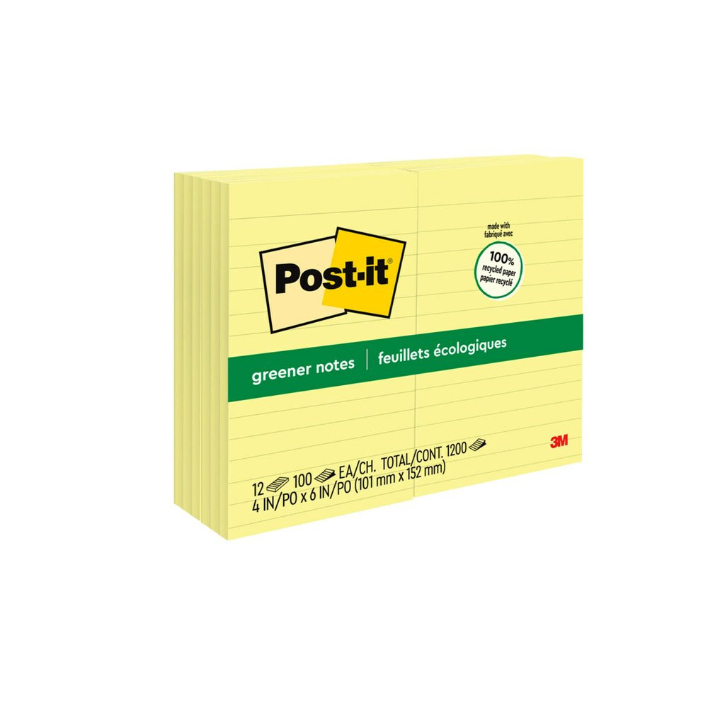 Post-it&reg; Greener Notes - 1200 - 4" Flag/Note Width x 6" Flag/Note Length - Rectangle - 100 Sheets per Pad - Ruled - Canary Yellow - Paper - Self-adhesive, Repositionable - Recycled - 1 Pack. Picture 3