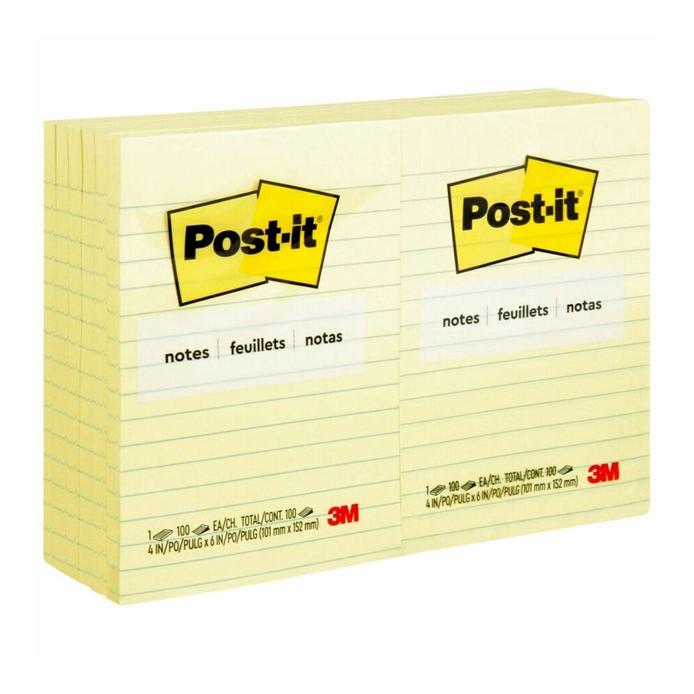 Post-it&reg; Notes Original Lined Notepads - 100 - 4" Flag/Note Width x 6" Flag/Note Length - Rectangle - 100 Sheets per Pad - Ruled - Canary Yellow - Paper - Self-adhesive, Repositionable - 12 / Pack. Picture 3