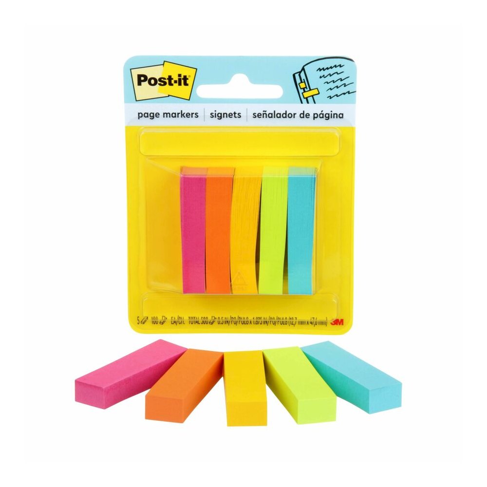 Post-it&reg; Page Markers - 1/2" Flag/Note Width x 2" Flag/Note Length - Rectangle - 100 Sheets per Pad - Unruled - Assorted Neon - Paper - Removable, Self-adhesive - 5 Pads/Pack - 500 / Pack. Picture 2