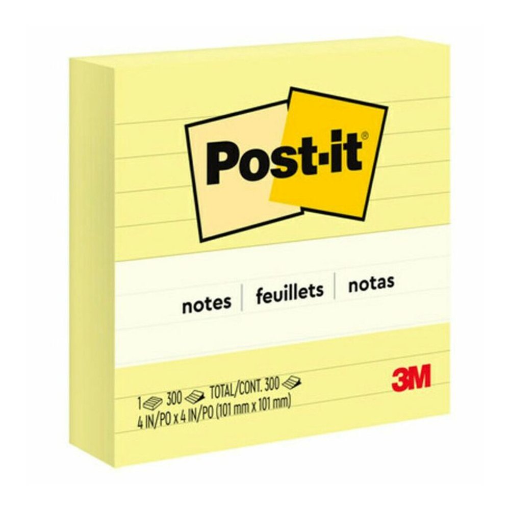 Post-it&reg; Lined Notes - 300 - 4" Flag/Note Width x 4" Flag/Note Length - Square - 300 Sheets per Pad - Ruled - Canary Yellow - Paper - Recyclable - 1 Pad. Picture 3