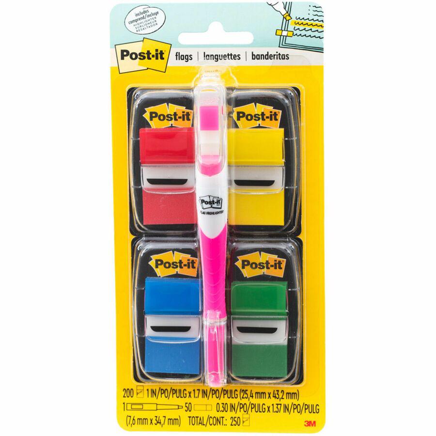 Post-it&reg; Flags Value Pack - 200 - 1" Flag/Note Width x 1 3/4" Flag/Note Length - Rectangle - Unruled - Red, Green, Yellow, Blue, Assorted - Self-adhesive, Removable - Dispenser Included - 250 / Pa. Picture 3