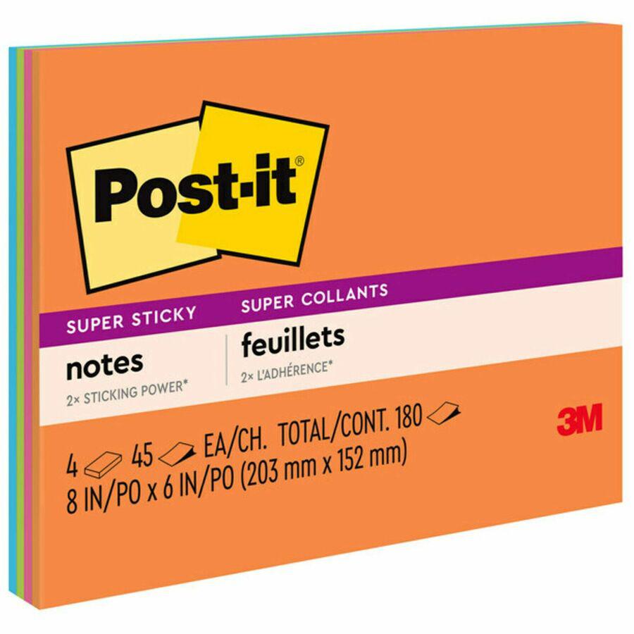 Post-it&reg; Super Sticky Notes - Energy Boost Color Collection - 180 - 6" x 8" - Rectangle - 45 Sheets per Pad - Unruled - Vital Orange, Tropical Pink, Limeade, Blue Paradise - Paper Fibre - Self-adh. Picture 7